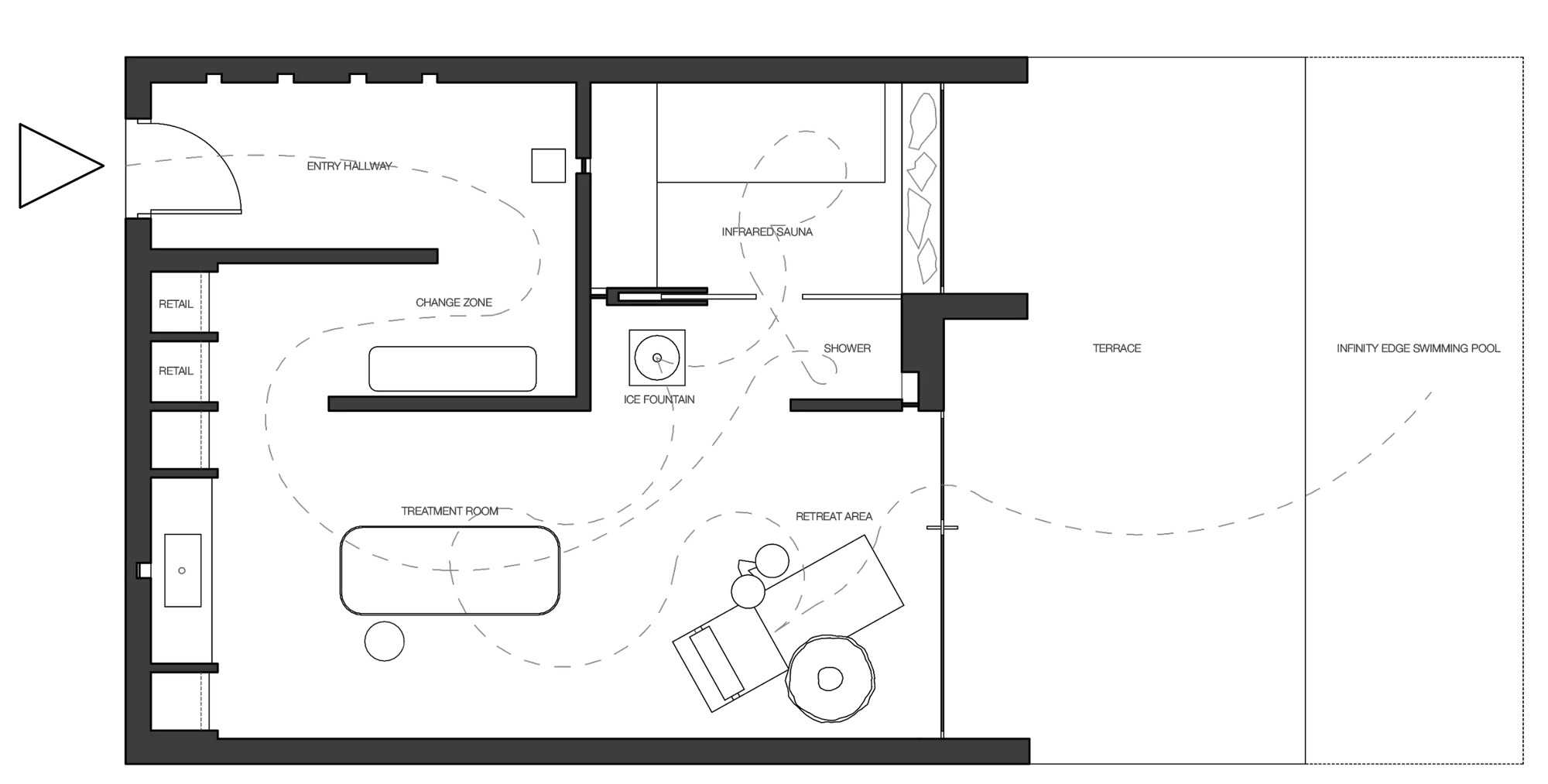 Dark floor plan diagram with a dashed guest route through entry hallway, retail, change zone, sauna, shower, treatment room and terrace