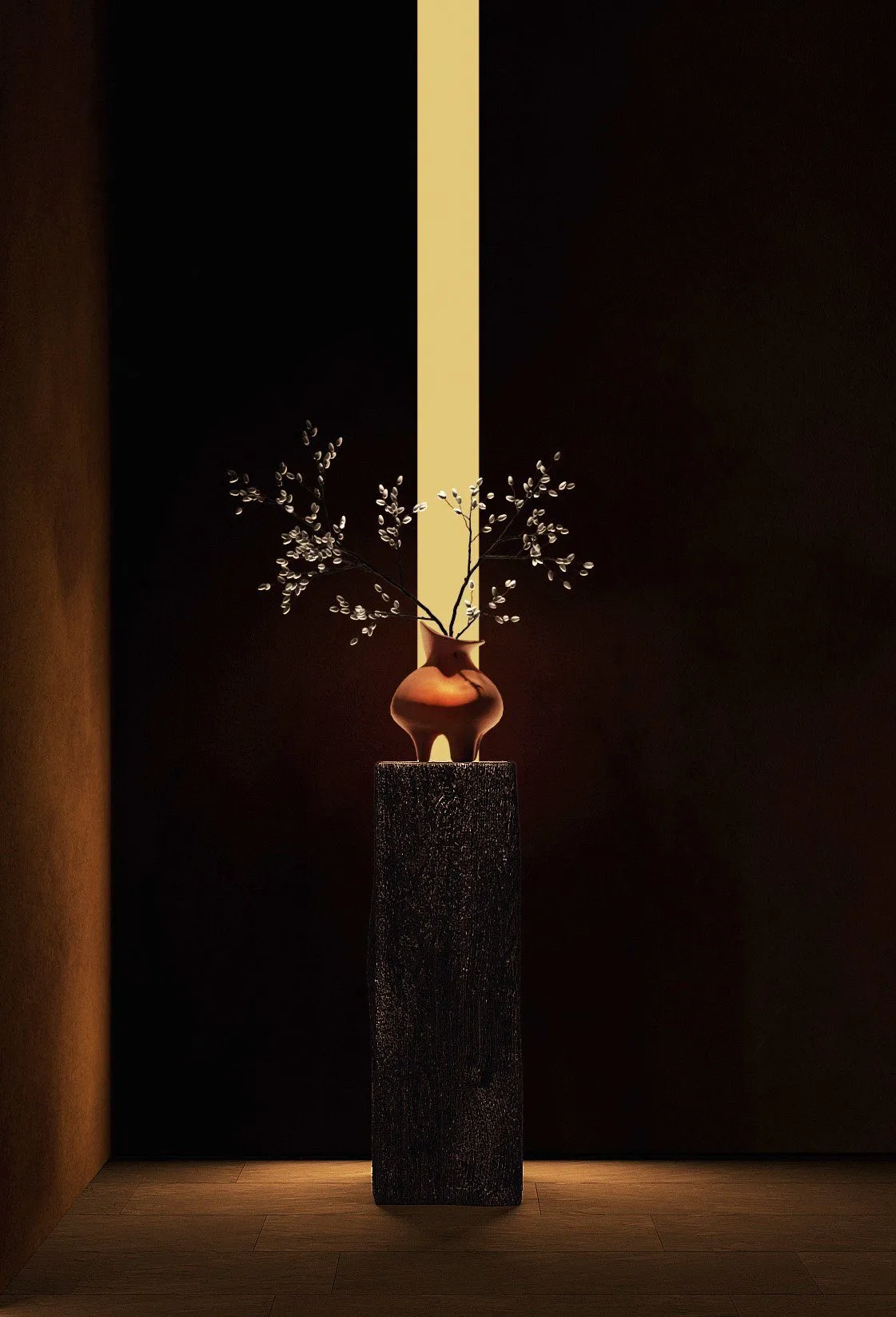 Terracotta vase with budding branches on a charred-wood pedestal, lit by a narrow blade of warm light — Obsidian Oasis Spa
