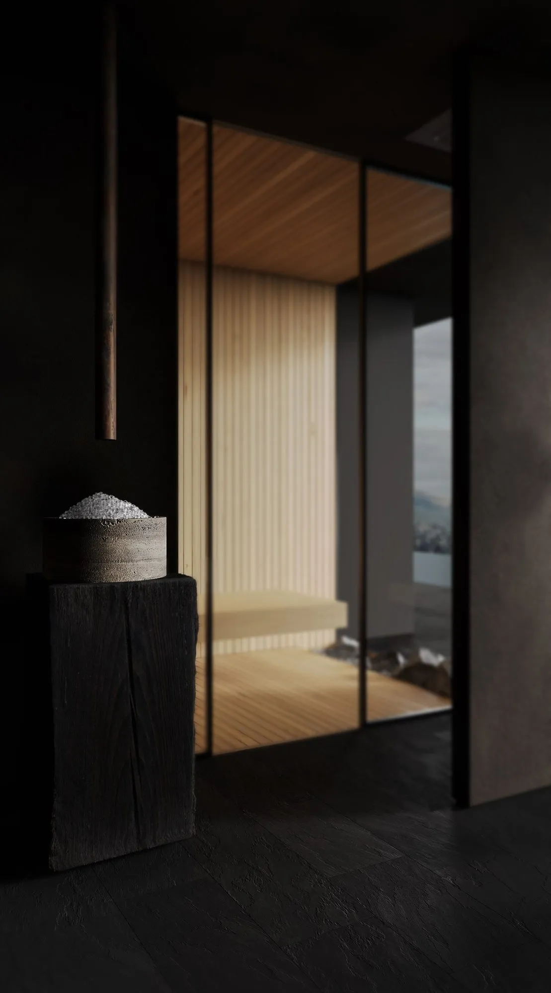 Copper spout above a stone bowl of ice on a charred-wood plinth, facing the slatted cedar sauna behind glass — Obsidian Oasis Spa