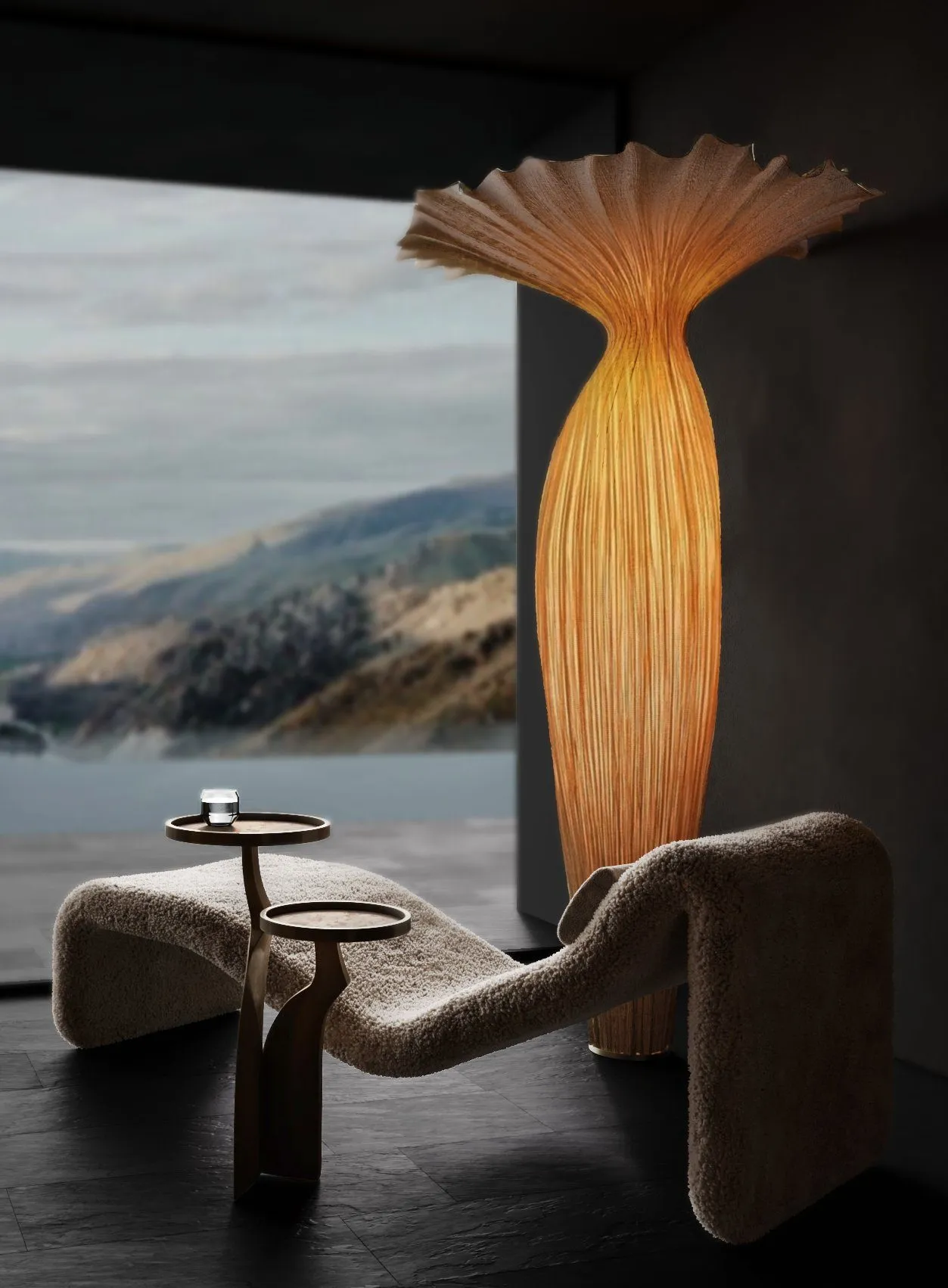 Bouclé chaise longue with twin bronze side tables beside a glowing pleated fan-shaped floor lamp — Obsidian Oasis Spa
