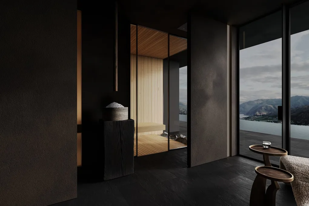 Dark stone treatment space at Obsidian Oasis day spa in Seattle — wellness interior design by Nataly Karavay