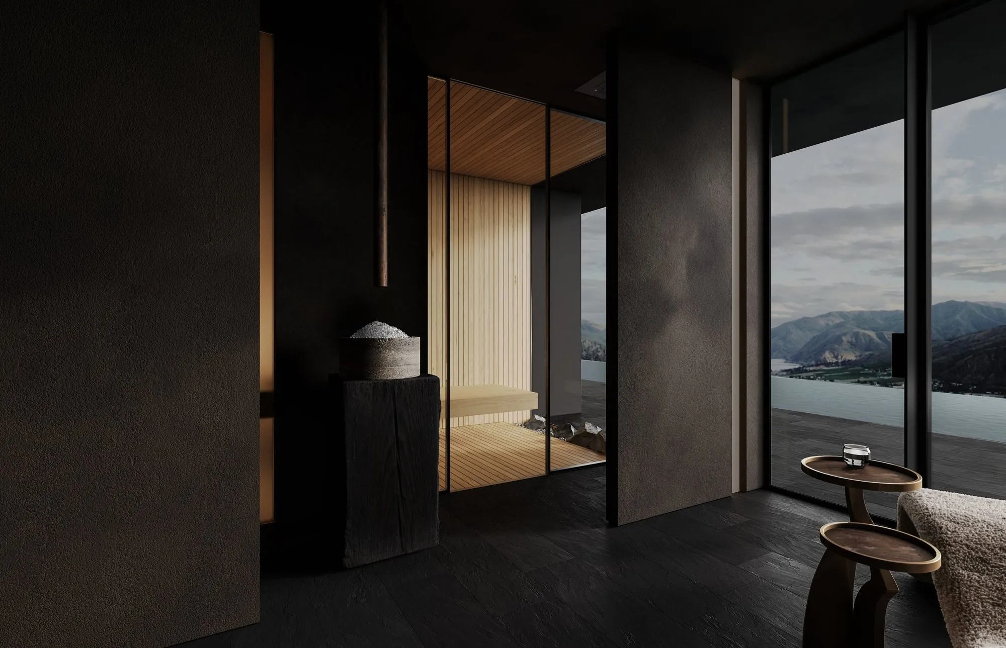 Obsidian Oasis day spa in Seattle — dark stone treatment space