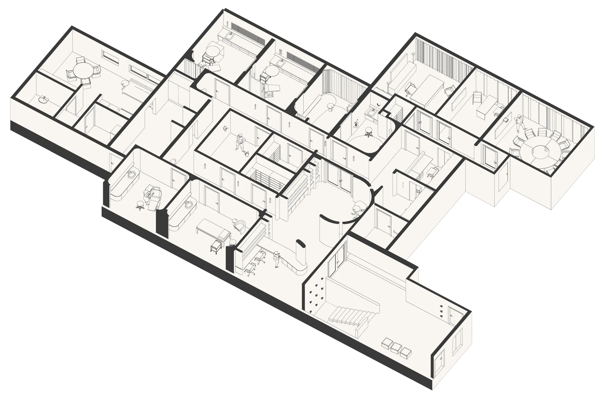Axonometric floor plan of the 4,600 sq ft med spa in Yorba Linda, California
