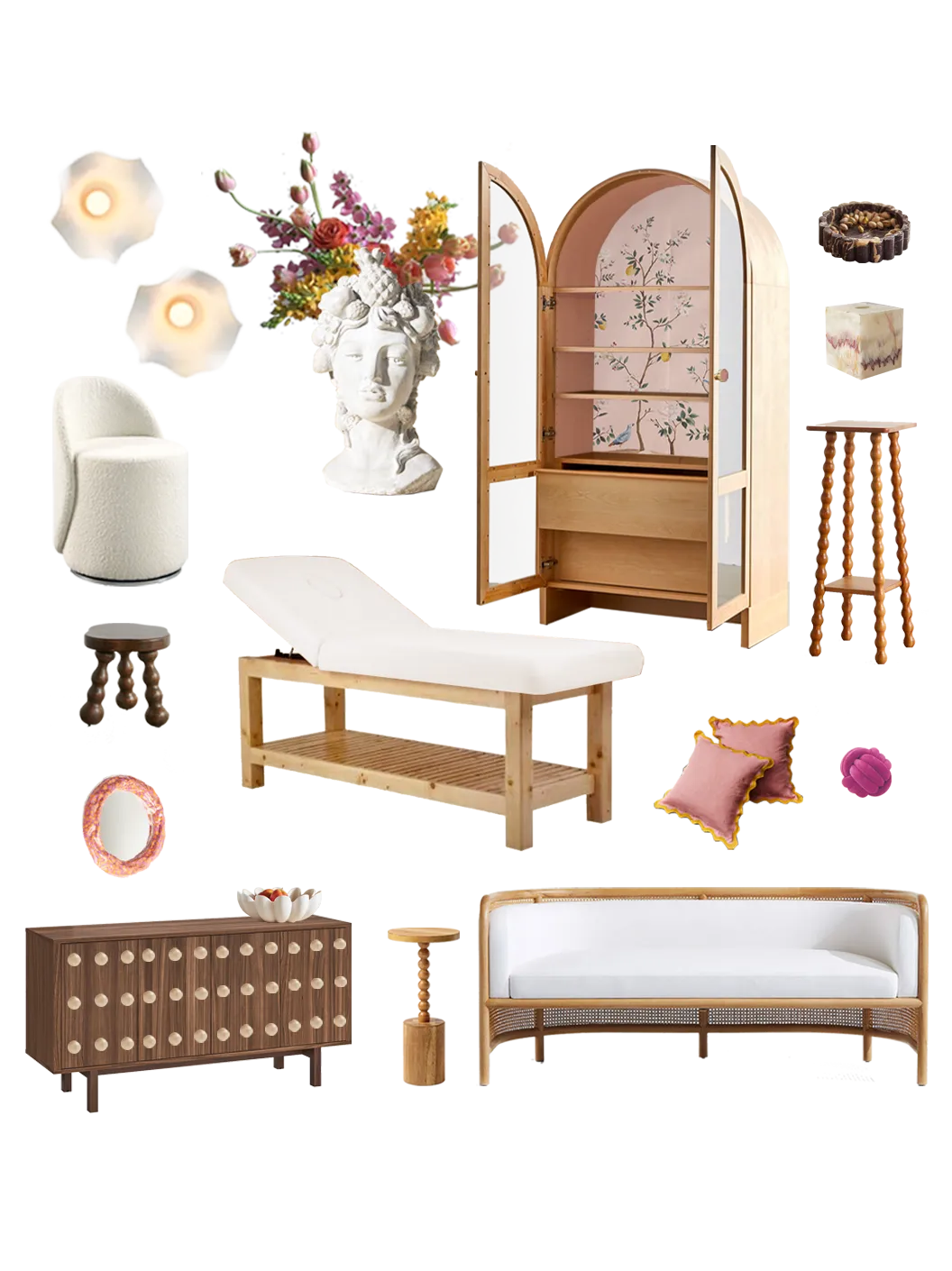 Concept collage: white treatment bed, boucle chair, arched floral cabinet, bust vase with flowers, spindle legs, dotted sideboard and daybed