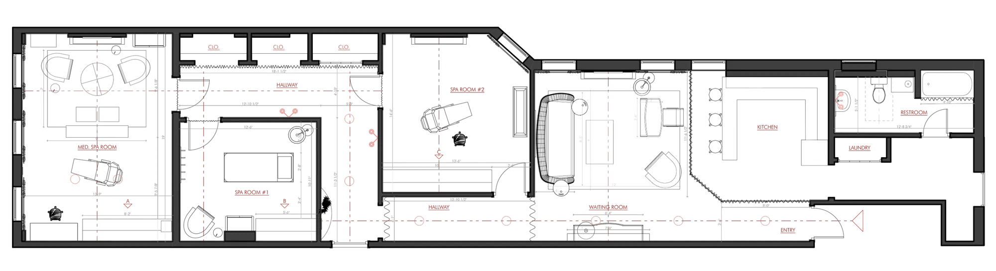 Annotated floor plan of the 1,690 sq ft spa with two spa rooms, medical spa room, waiting room, kitchen and entry — The Aesthetic Era - Medical SPA interior design