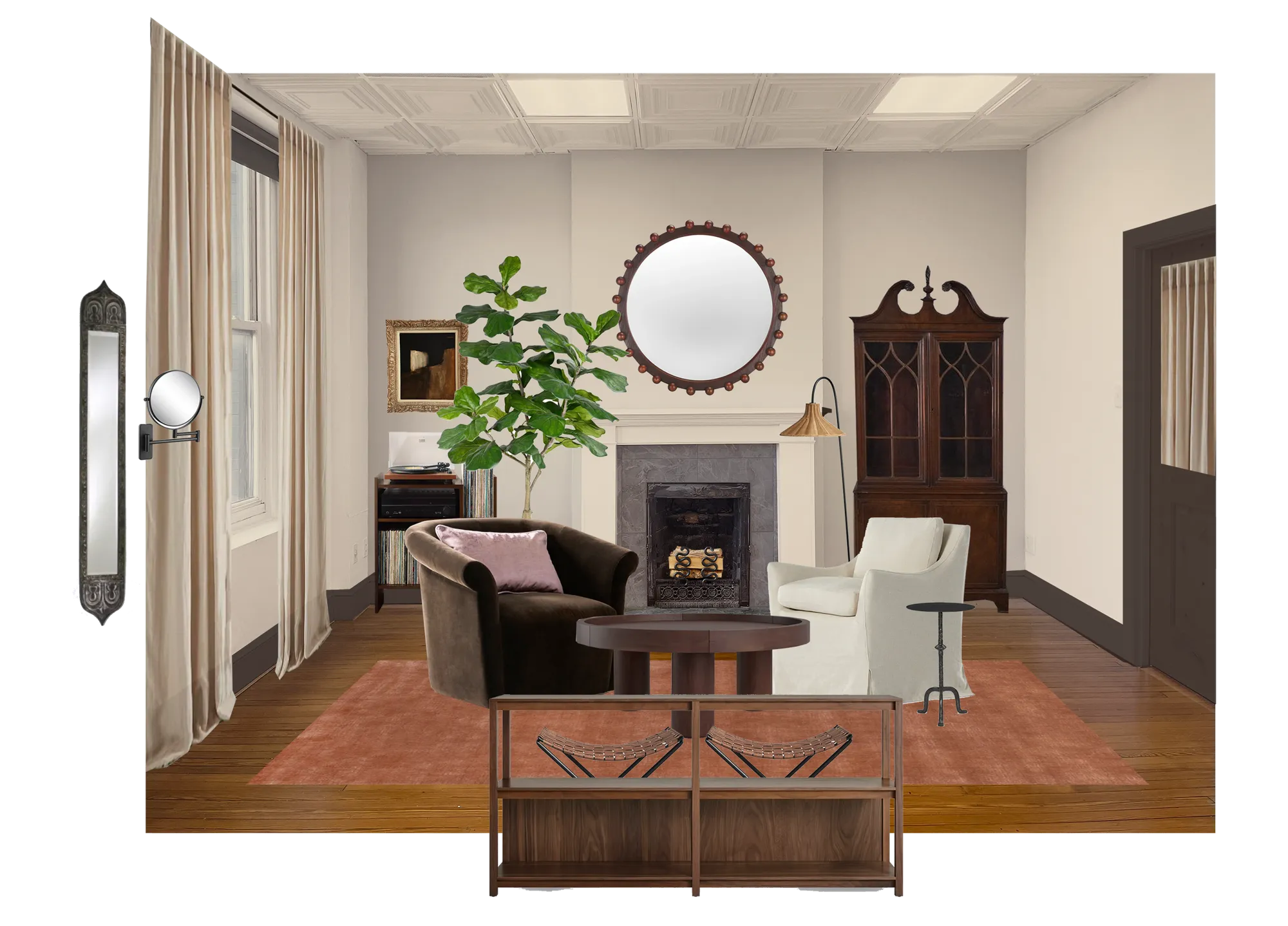 Concept collage of the lounge: brown velvet chair, white armchair, fireplace, beaded round mirror, antique cabinet, fiddle-leaf fig and rust rug