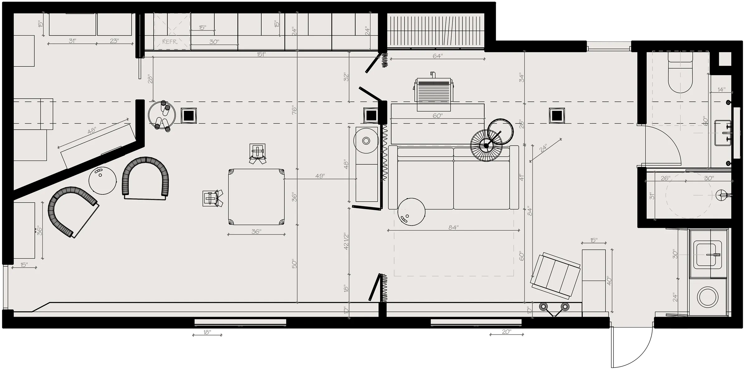 Dimensioned 2D floor plan of a studio apartment with furniture laid out: seating, bed, kitchen run, and bathroom.