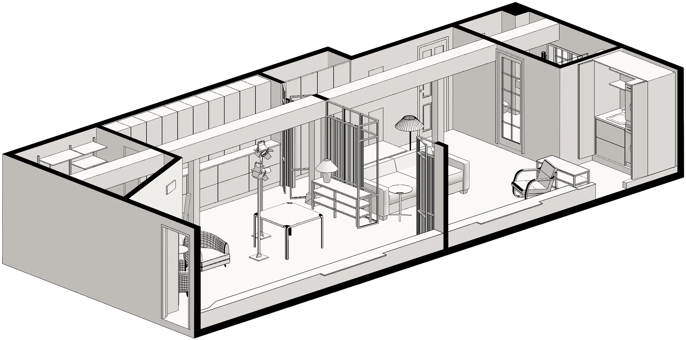 White-mode 3D cutaway of the same studio apartment viewed from above at an angle, walls and furniture as a grey working model.
