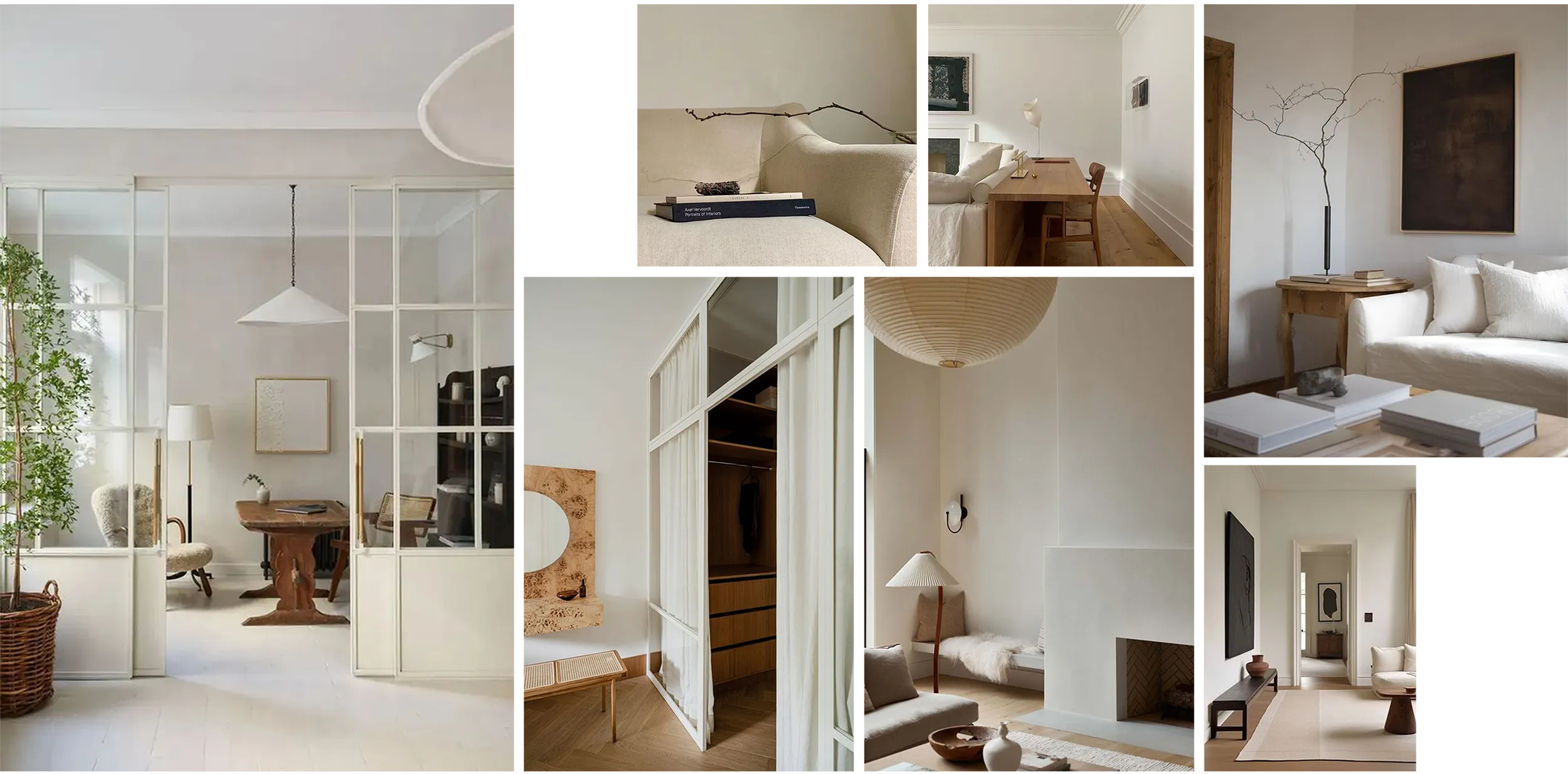Mood board of interior references: pale plaster walls, steel-framed glazed partitions, oak furniture, linen upholstery, and soft daylight.