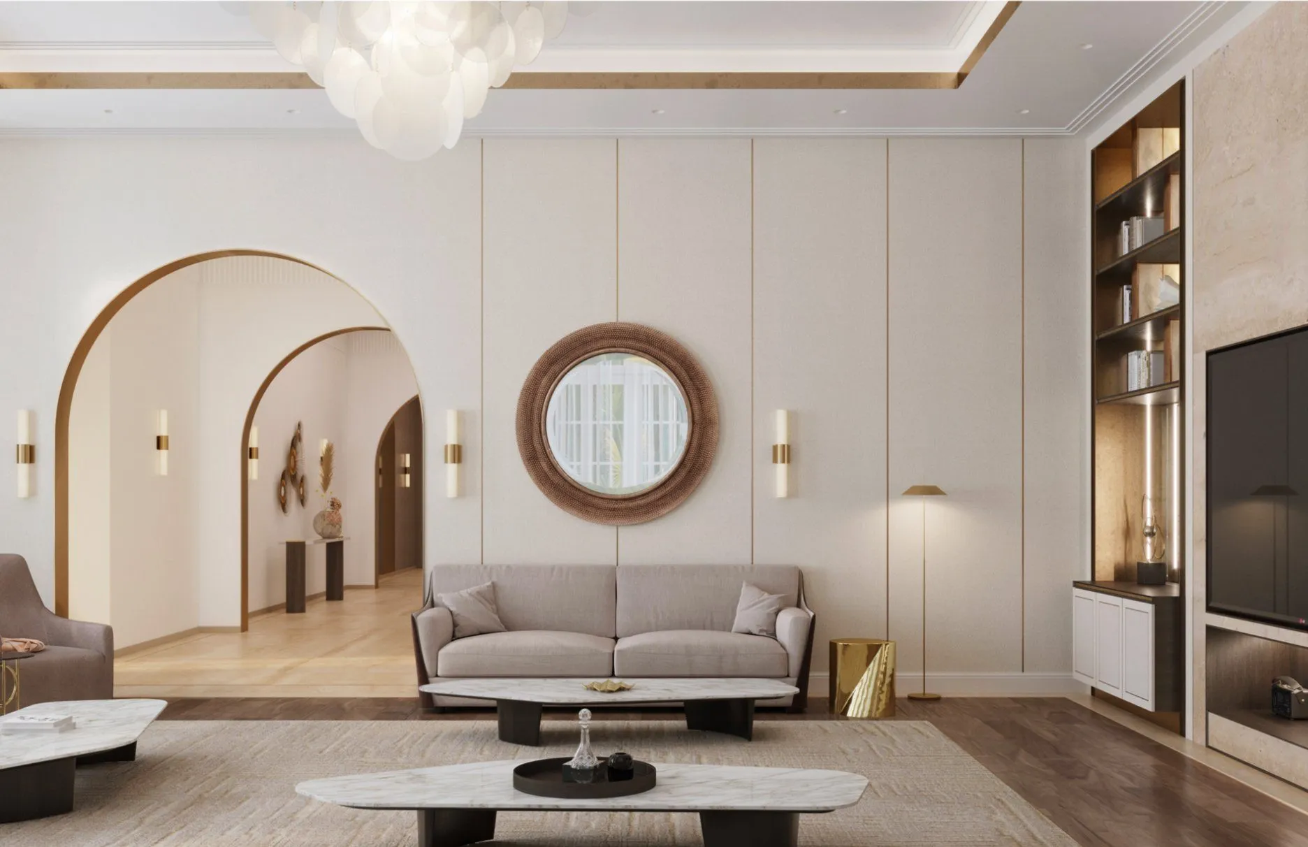 Sitting area with layered earthy tones and textured furnishings in the Tranquility desert villa