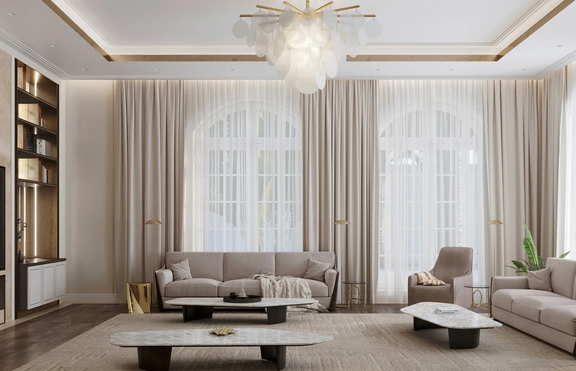 Open living area with warm upholstery and sand-palette furnishings