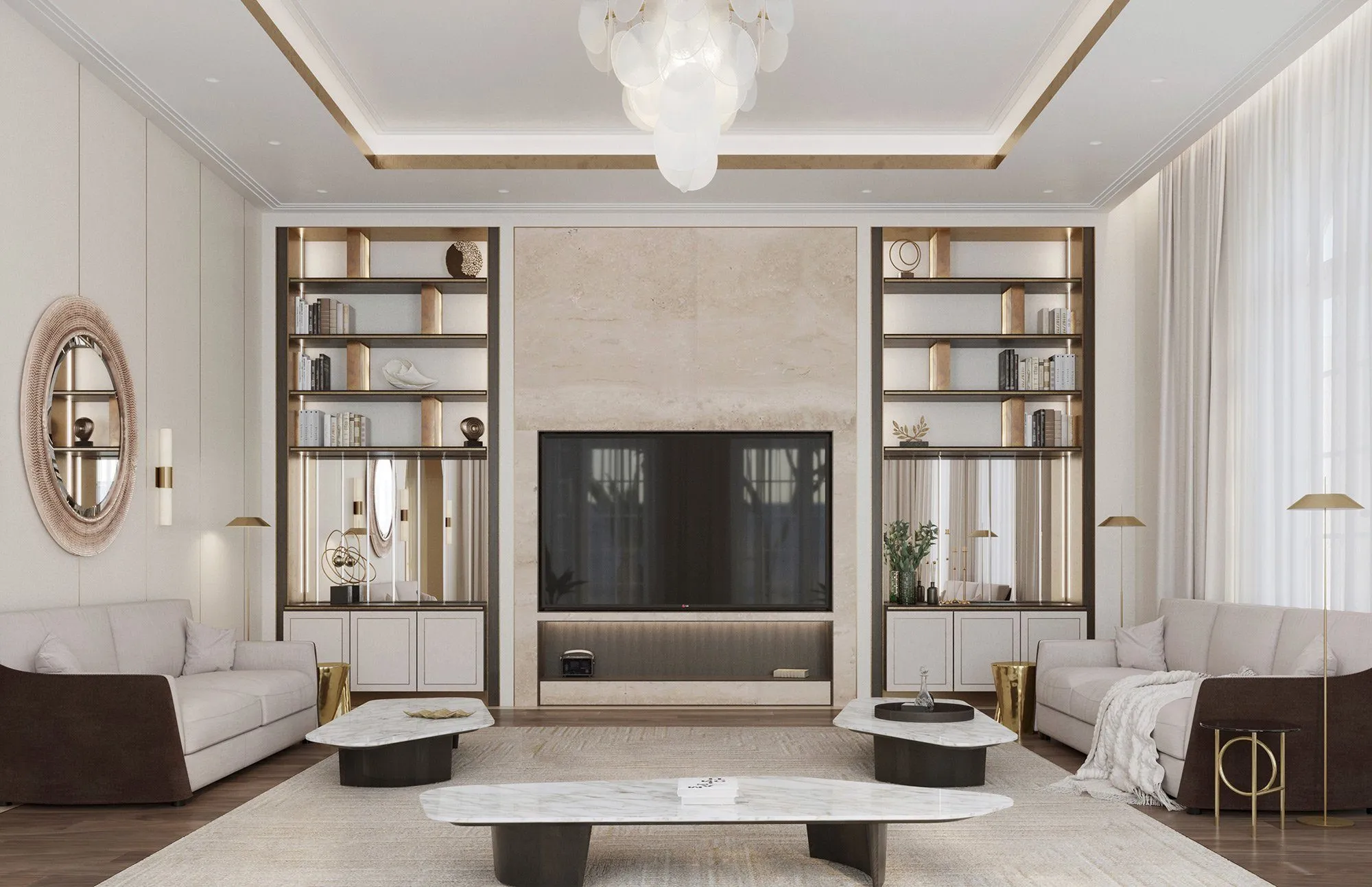 Main living room with a serene, dune-toned palette throughout