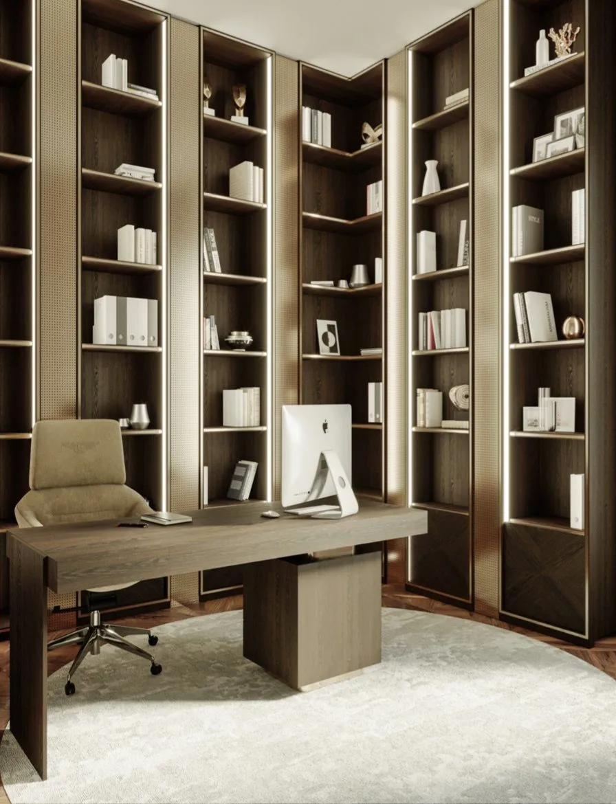 Private home office with warm-toned cabinetry and considered proportions
