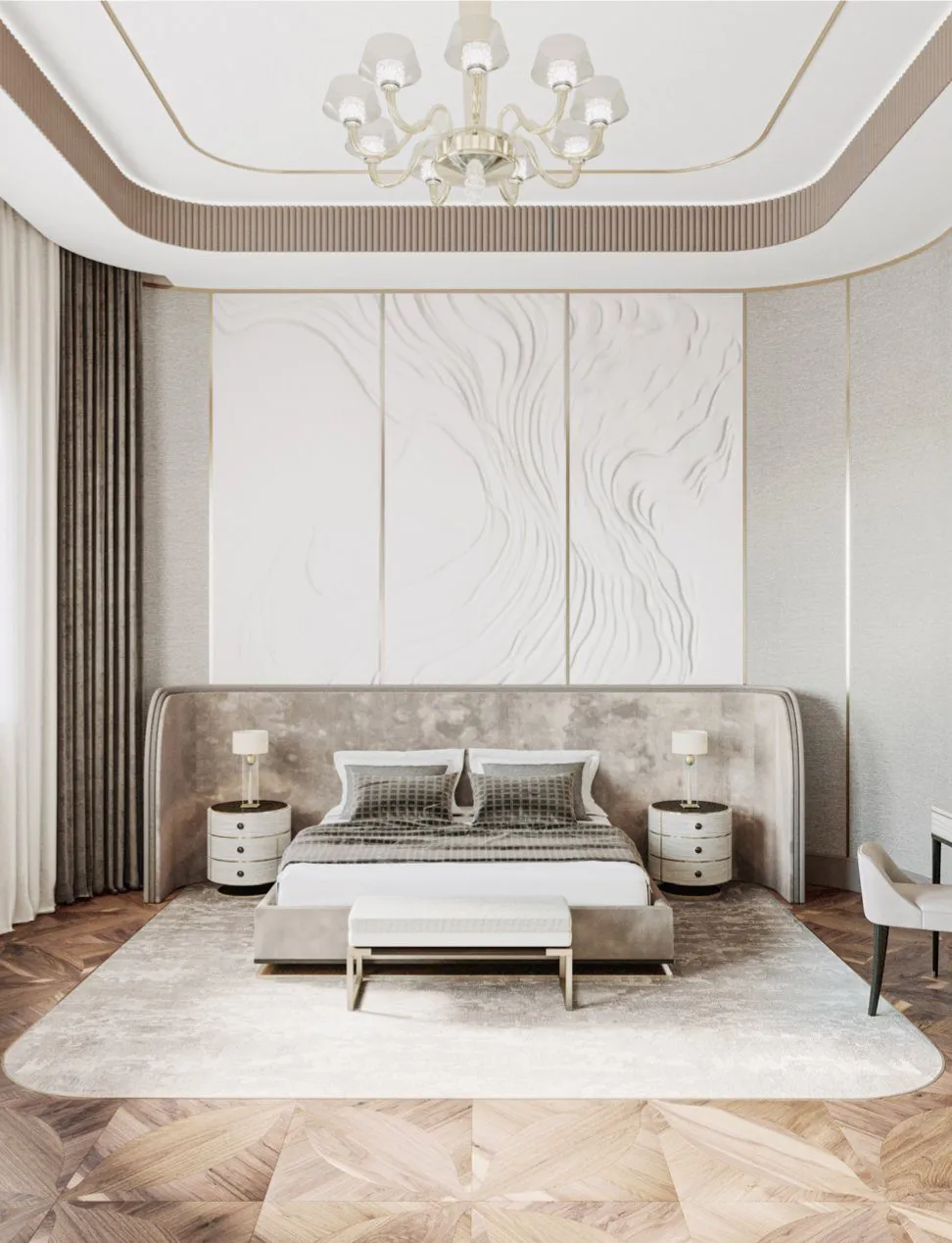Spacious master bedroom suite with warm-toned upholstery in the Riyadh villa