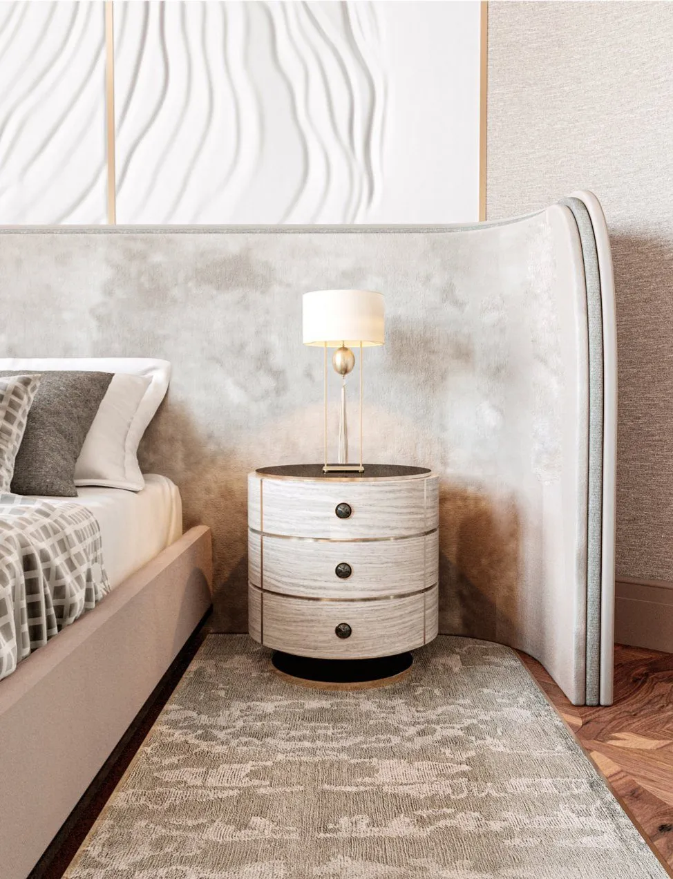 Master suite seating area with textured furnishings and desert-tone accents