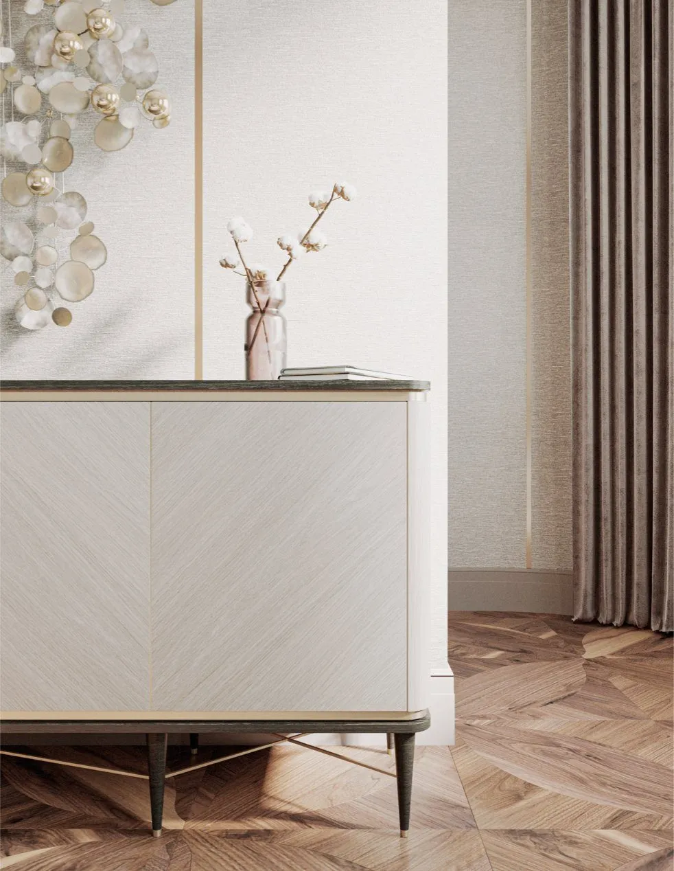 Master bedroom detail showing rich textile selections in earthy tones