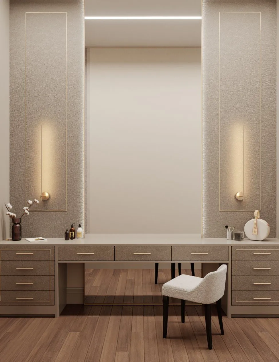 Powder room with stone finishes and refined detailing in the desert villa