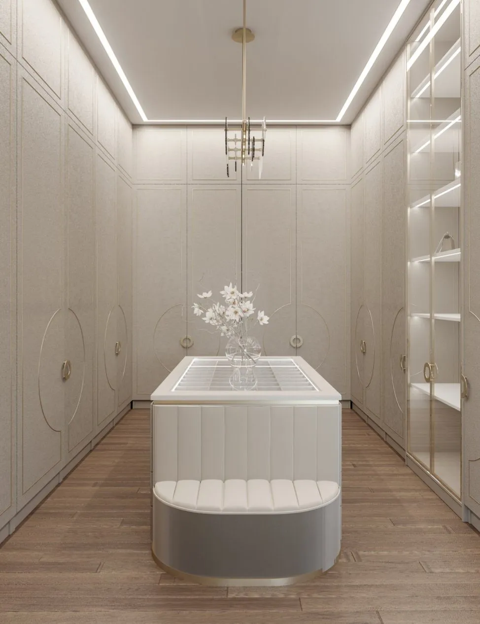Custom dressing room with warm-toned joinery and full-length storage