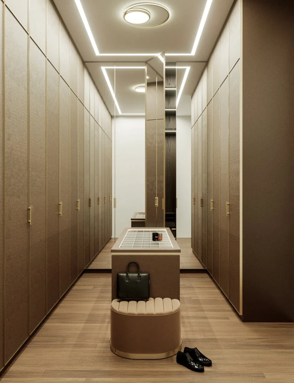 Walk-in wardrobe with bespoke shelving in the Tranquility desert villa