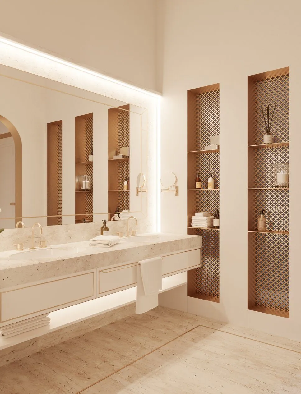 Master ensuite with marble surfaces and a calm, neutral palette