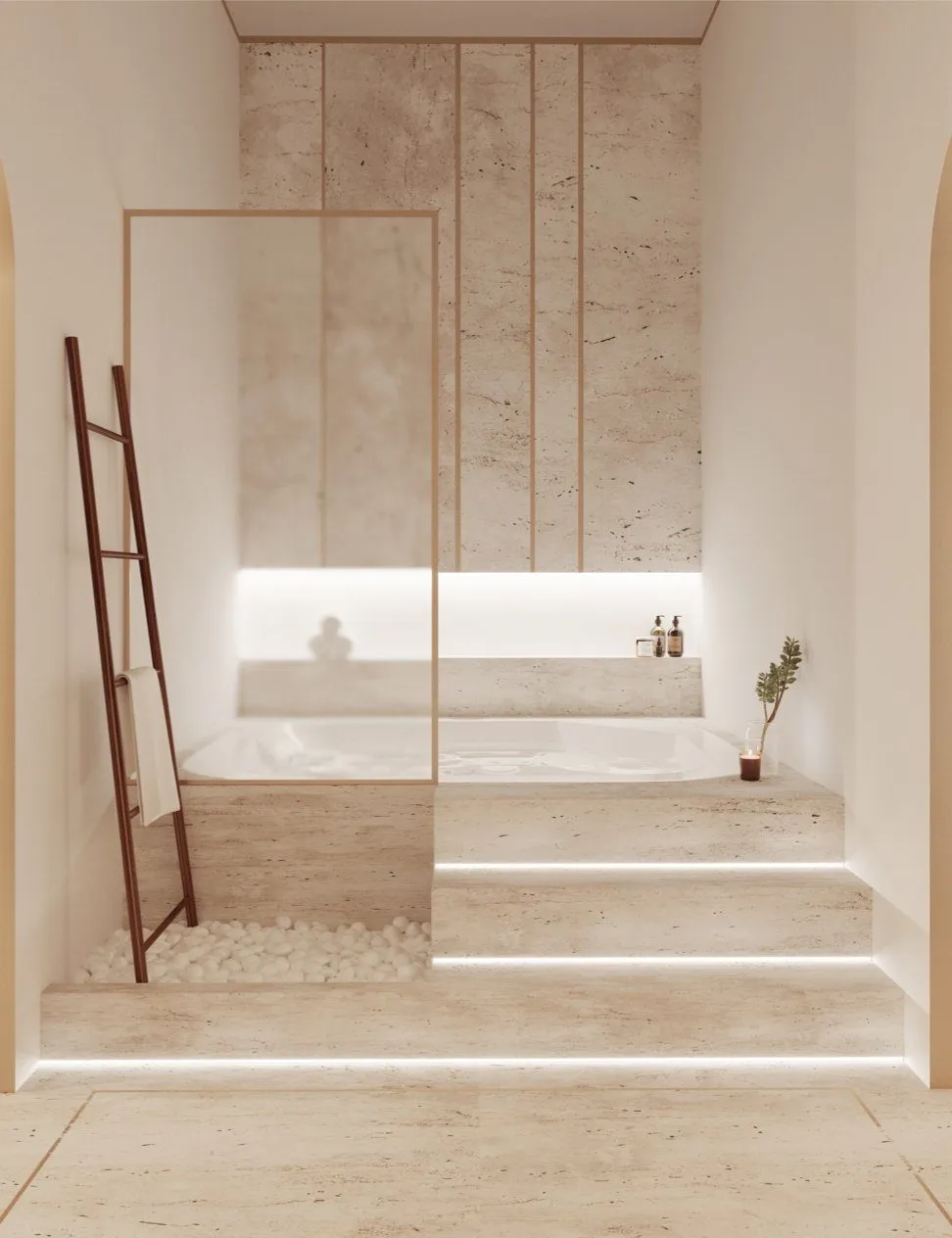 Expansive master bathroom with stone finishes and warm natural light