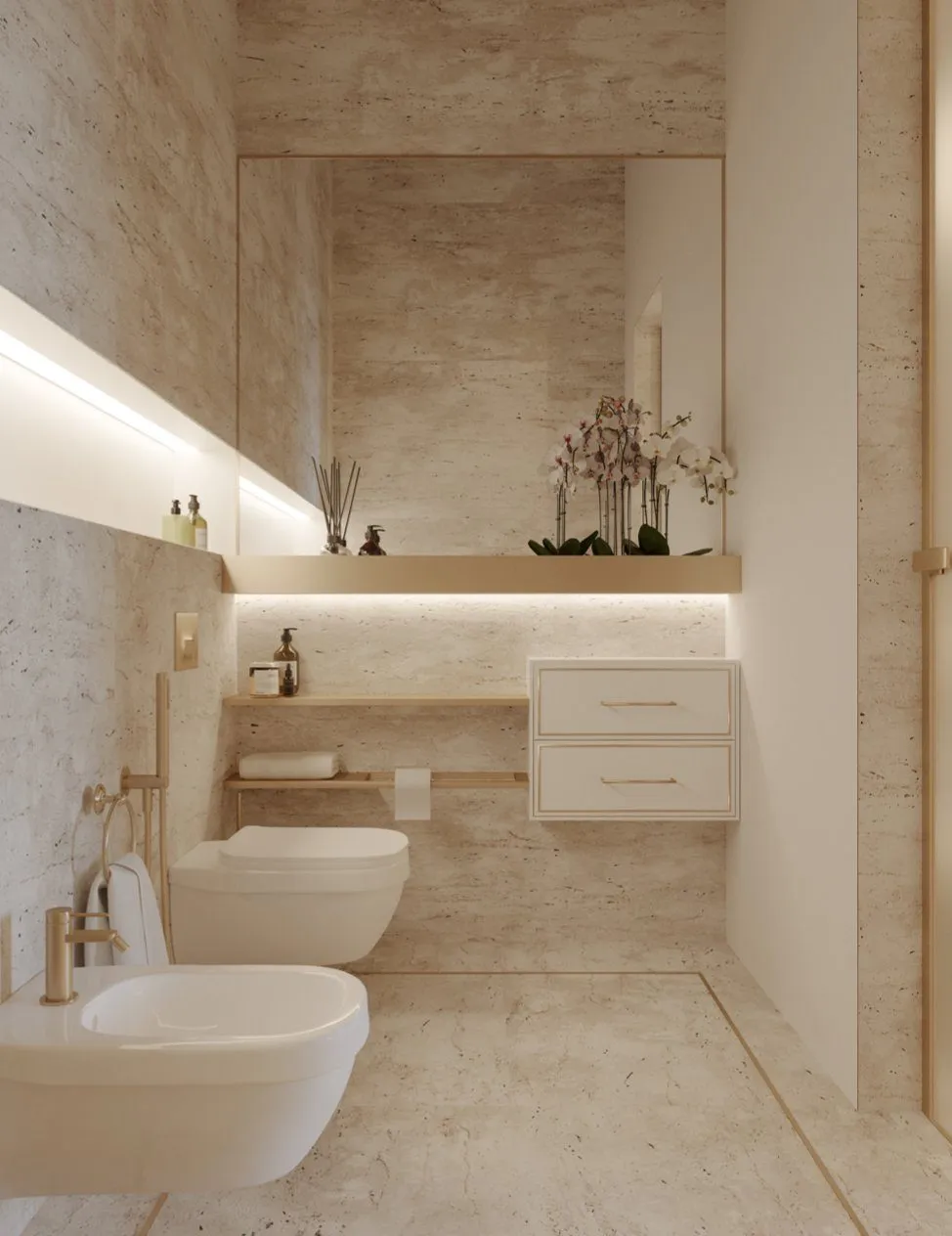 Master bath with veined stone vanity and refined fixture selection
