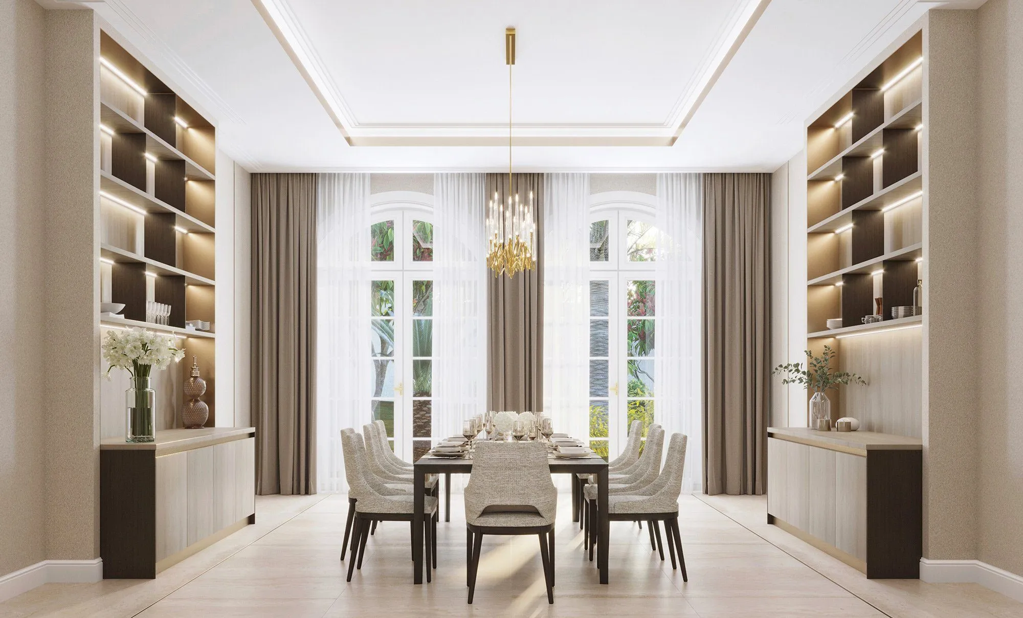 Formal dining room with a warm, dune-inspired palette in a traditional Riyadh villa